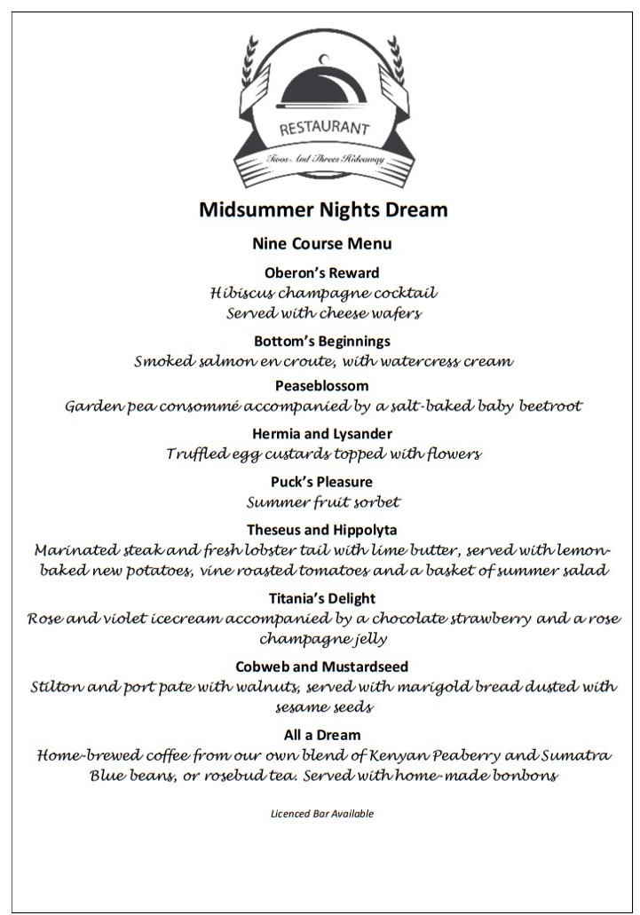 Midsummer Nights Dream Menu at Twos and Threes Hideaway