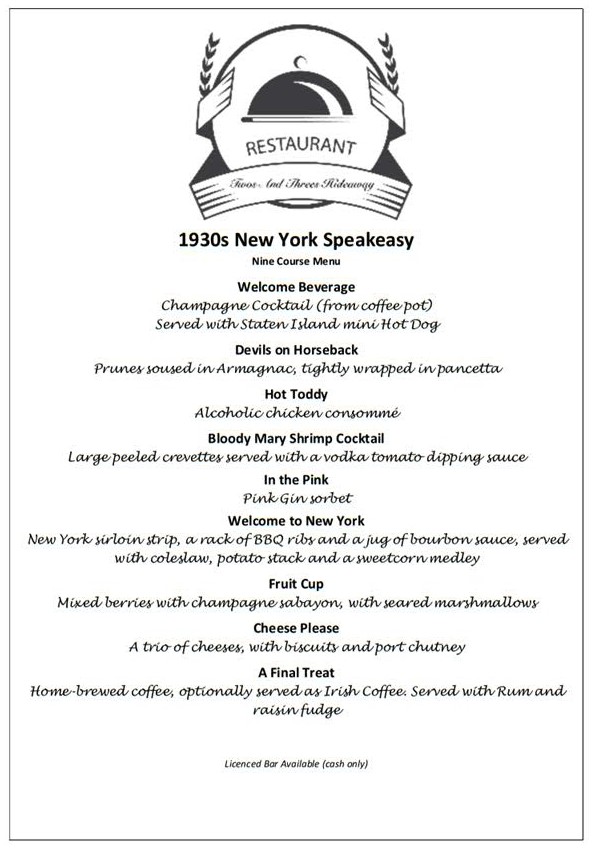 New York Prohibition Menu at Twos and Threes Hideaway