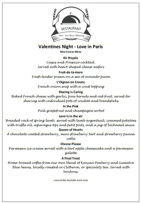 Valentines Menu at Twos and Threes Hideaway